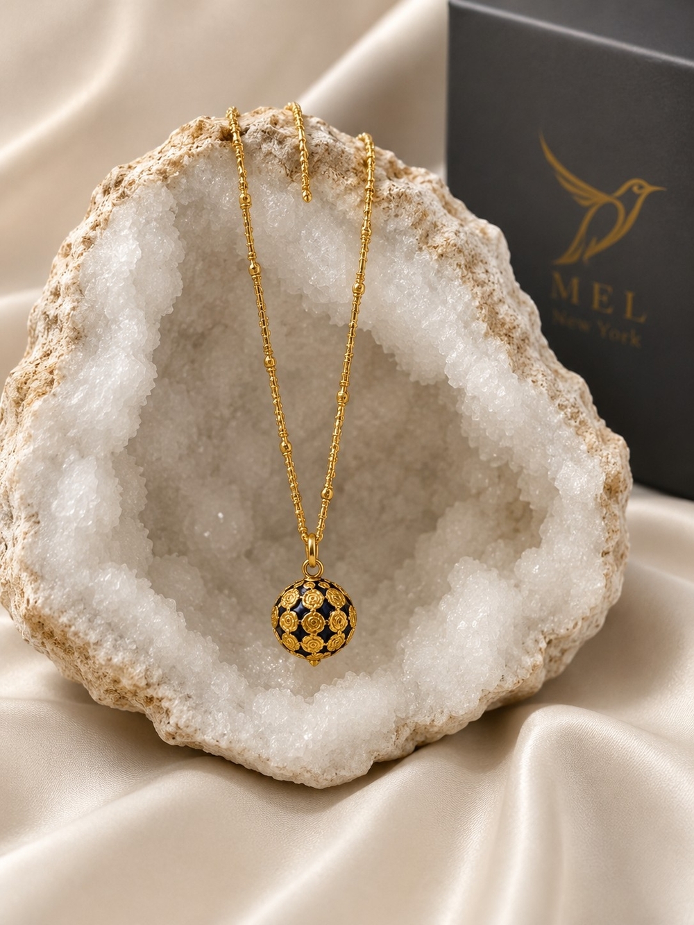 MEL New York Celeste Orb Necklace | 24K Gold Plated | Navy Blue